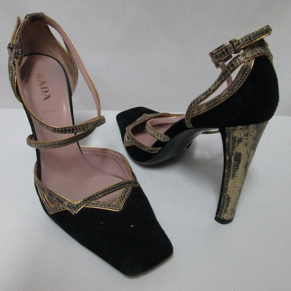 PRADA black Suede w/ Snakeskin square toe heels pumps ITALY buckle Size Sz 38 - Picture 10 of 12